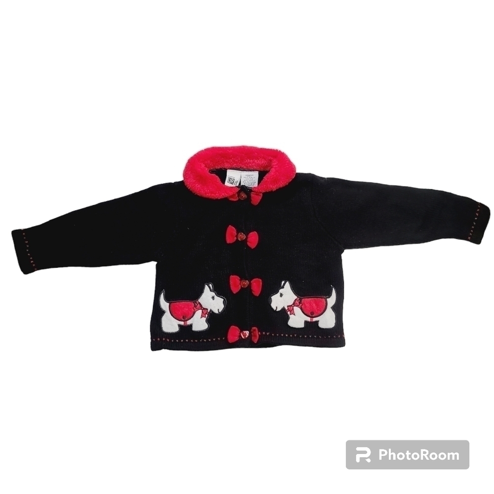 Vintage 90s Y2K Black Scotty Dog Red Faux Fur Collar Sweater 18 months